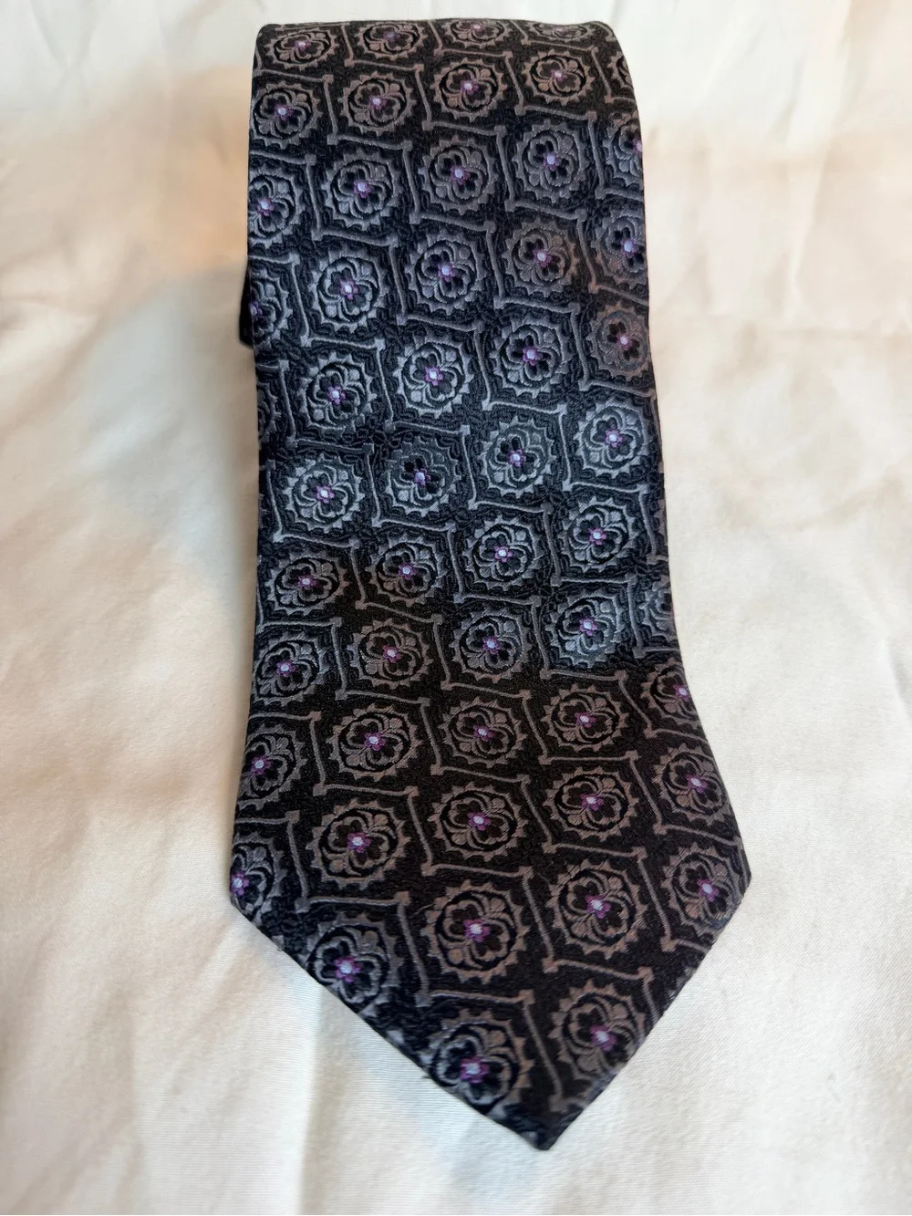 Henry Grethel Textured Black Tie with Purple Motif - Men's Formal Tie